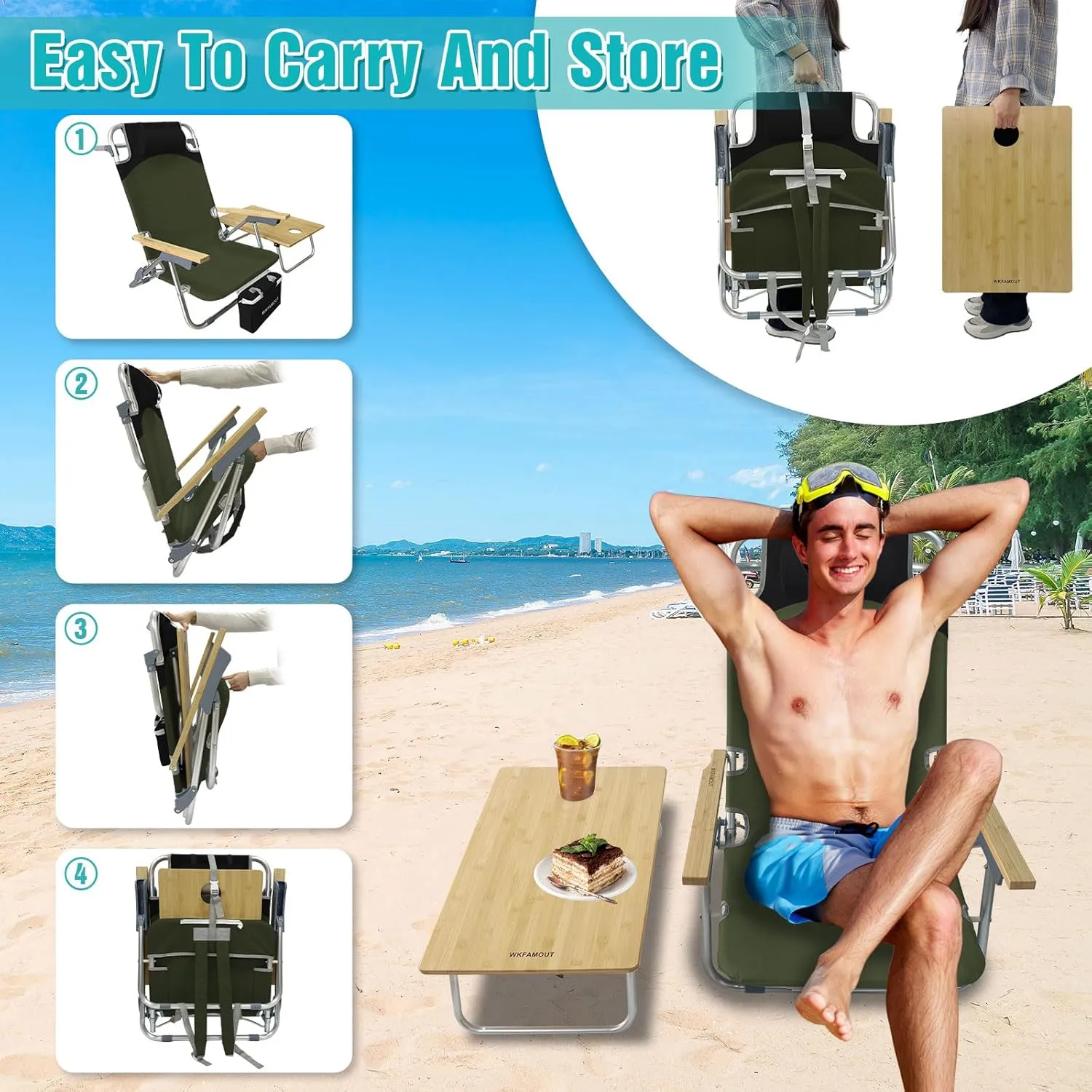 Folding Backpack Beach Chair Aluminum 5-Position with Samll Camping Table Bamboo Lay Flat Lounge Chair Outdoor for Adults with Insulated Cooler Bag