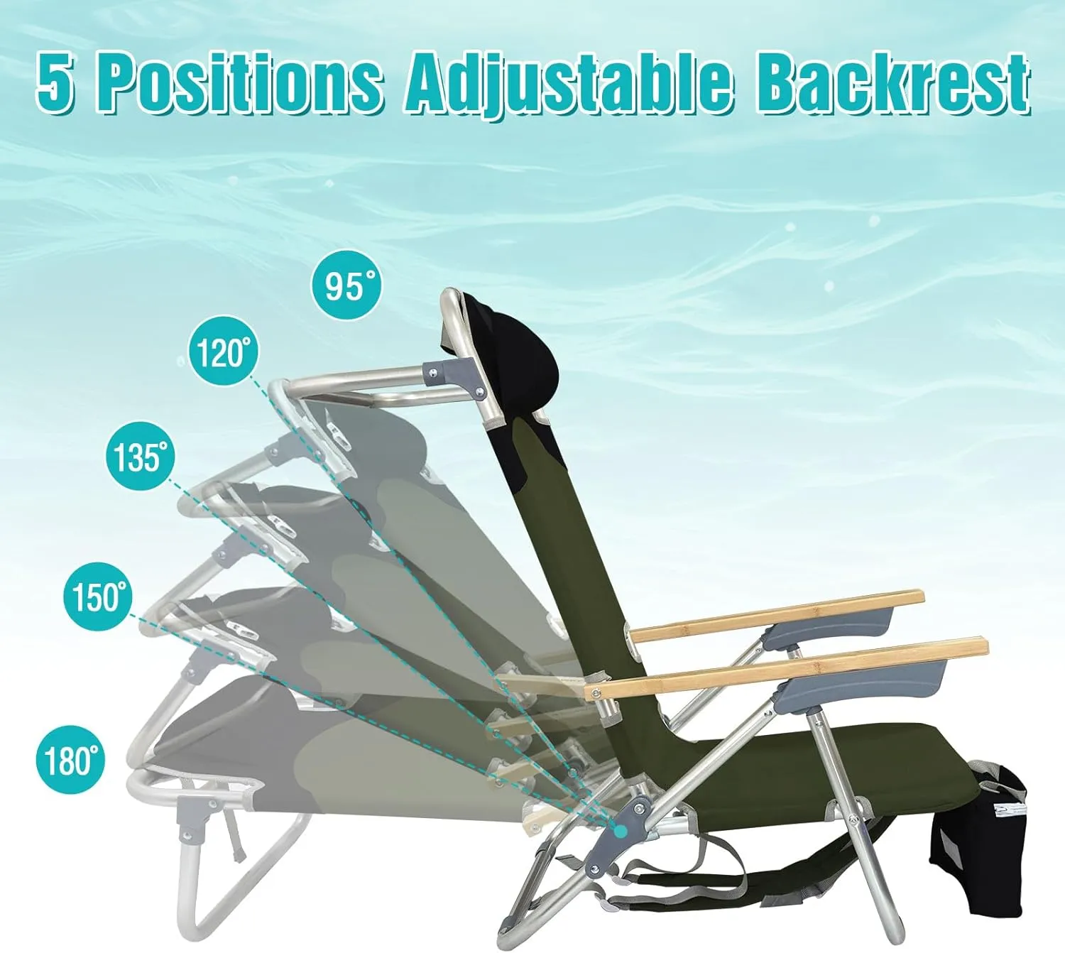 Folding Backpack Beach Chair Aluminum 5-Position with Samll Camping Table Bamboo Lay Flat Lounge Chair Outdoor for Adults with Insulated Cooler Bag
