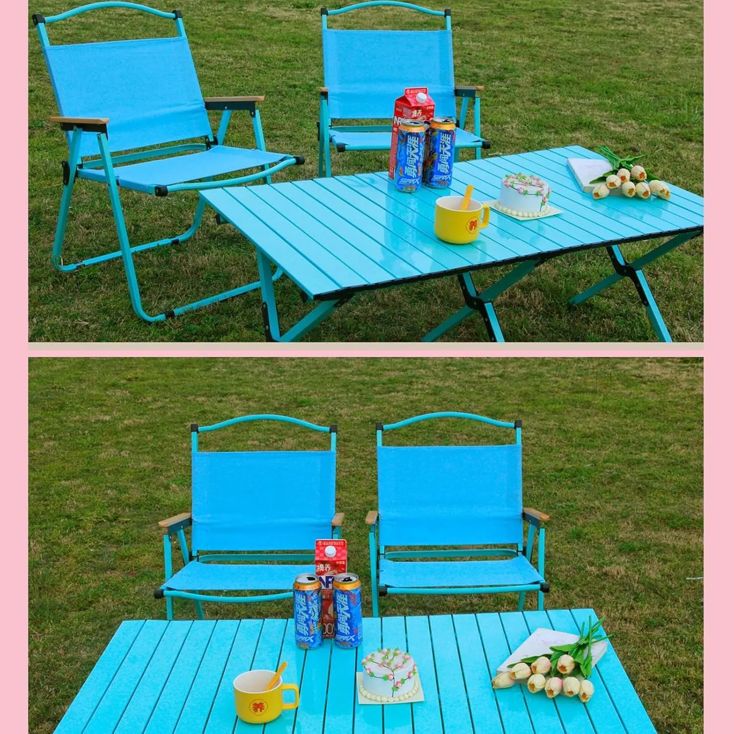 Folding Camping Table and Chairs Portable and Foldable Picnic Bench Set Carbon Steel Roll-Up Bbq Table with Large Storage Bag for Indoor Outdoor Dining, Picnic, Bbq, Party, Backyard, Beach