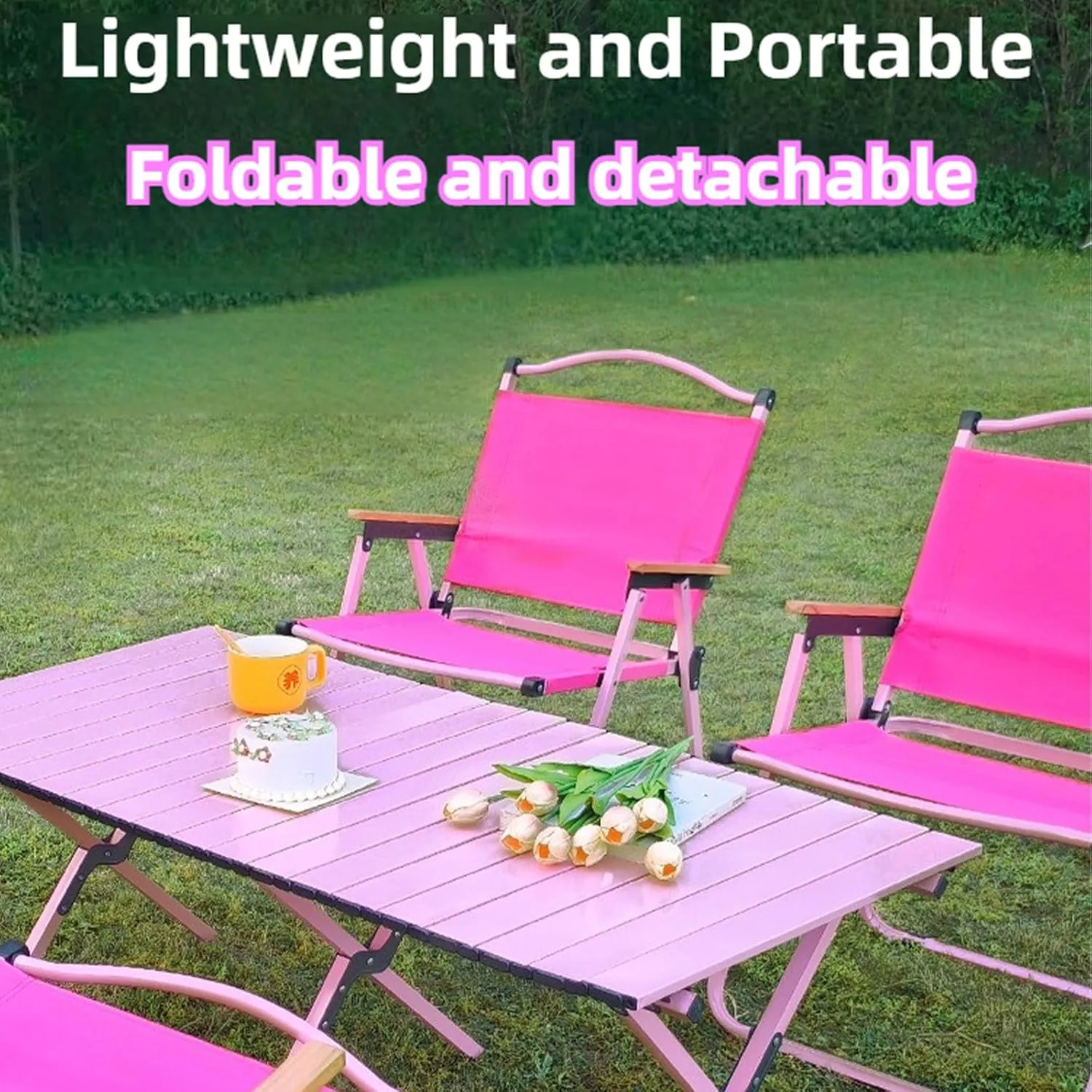 Folding Camping Table and Chairs Portable and Foldable Picnic Bench Set Carbon Steel Roll-Up Bbq Table with Large Storage Bag for Indoor Outdoor Dining, Picnic, Bbq, Party, Backyard, Beach