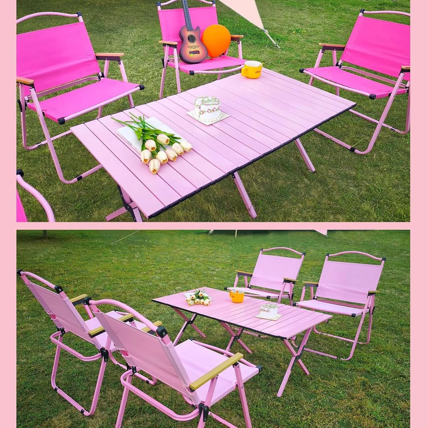 Folding Camping Table and Chairs Portable and Foldable Picnic Bench Set Carbon Steel Roll-Up Bbq Table with Large Storage Bag for Indoor Outdoor Dining, Picnic, Bbq, Party, Backyard, Beach