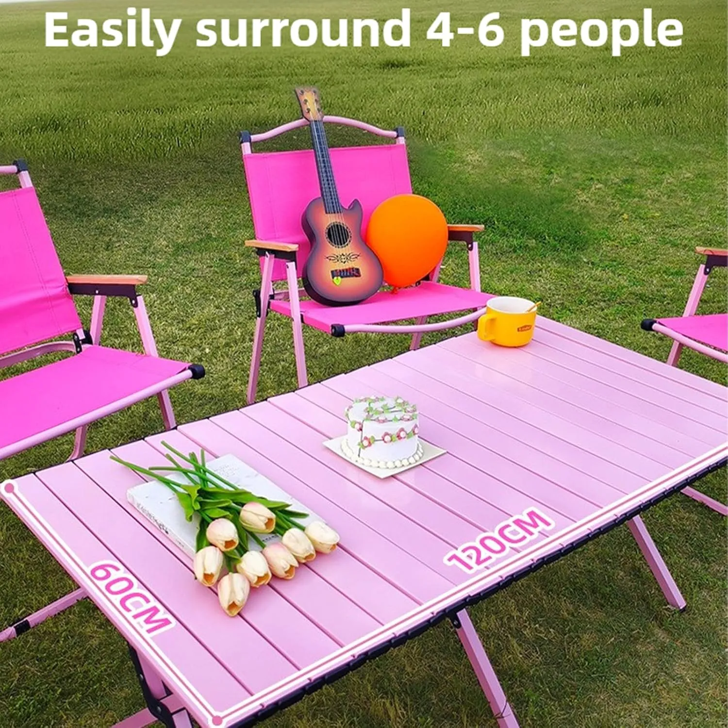 Folding Camping Table and Chairs Portable and Foldable Picnic Bench Set Carbon Steel Roll-Up Bbq Table with Large Storage Bag for Indoor Outdoor Dining, Picnic, Bbq, Party, Backyard, Beach