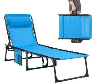 Folding Chaise Lounge Chair Bed - Heavy-Duty 400lb Capacity Portable Adjustable Recliner w/Pillow for Patio, Pool, Camping, Sunbathing - Lay Flat Design (Blue)