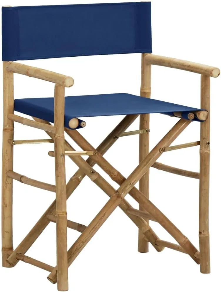 Folding Director's Chairs 2 Pack Blue Bamboo and Fabric Outdoor Patio Furniture with Polyester Seat, Portable Foldable Lounge Chairs for Camping Beach Garden