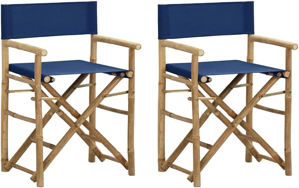 Folding Director's Chairs 2 Pack Blue Bamboo and Fabric Outdoor Patio Furniture with Polyester Seat, Portable Foldable Lounge Chairs for Camping Beach Garden