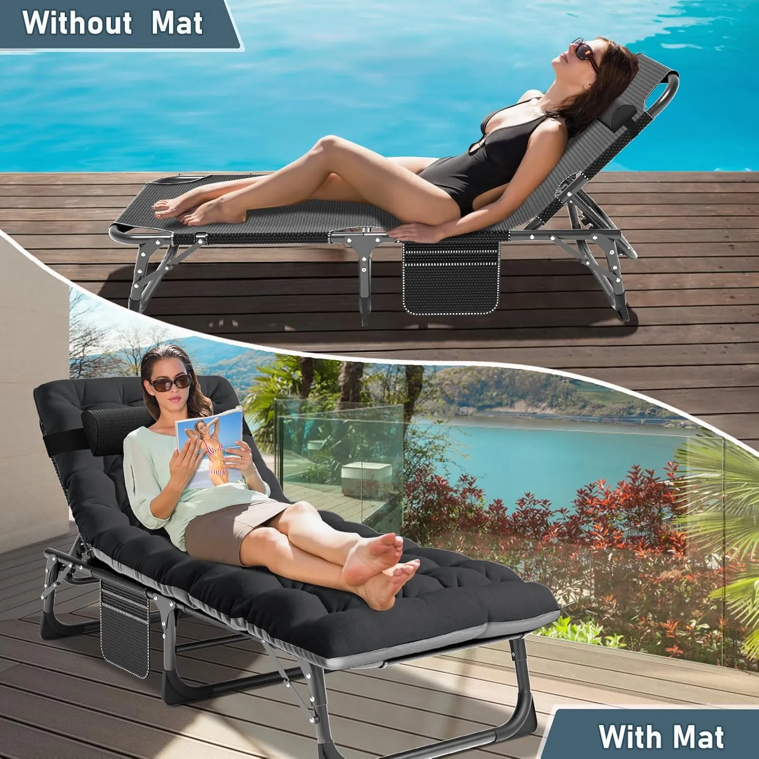 Folding Outdoor Chaise Lounge Chair, 5-Position Reclining Patio Chairs for Sun Tanning, Portable Sleeping Camping Cot for Adult, Sleeping Chair Perfect for Pool Beach Patio Lawn Sunbathing