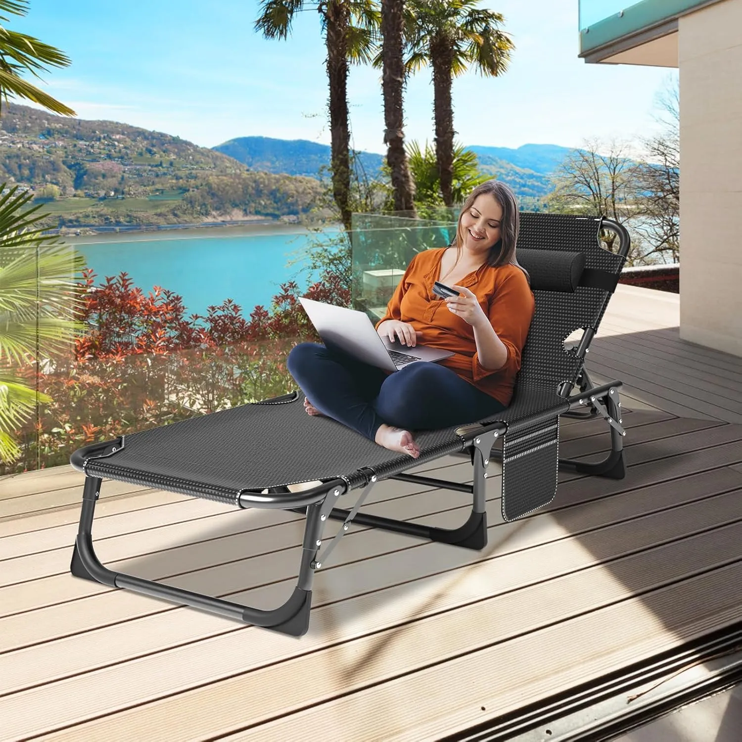 Folding Outdoor Chaise Lounge Chair, 5-Position Reclining Patio Chairs for Sun Tanning, Portable Sleeping Camping Cot for Adult, Sleeping Chair Perfect for Pool Beach Patio Lawn Sunbathing