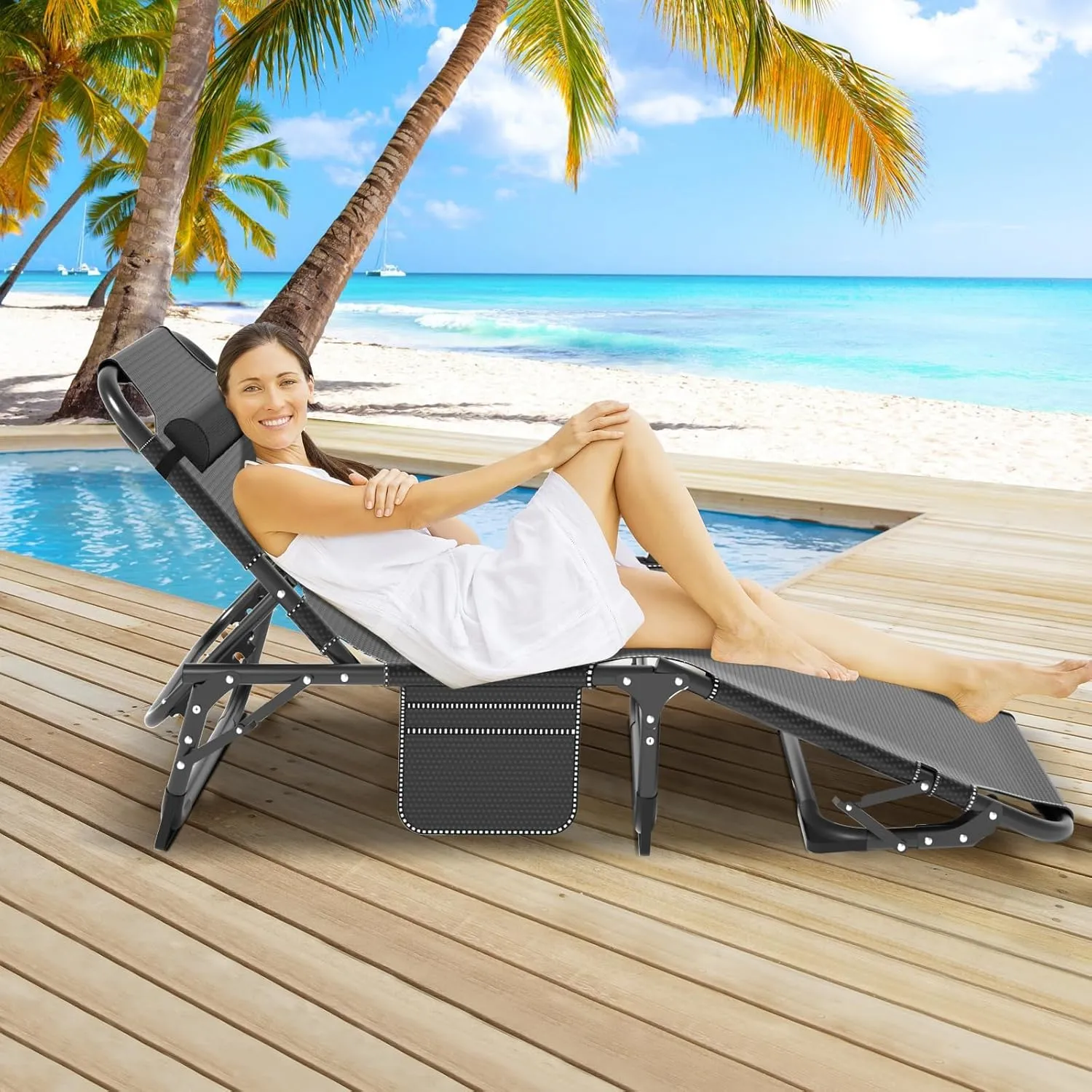 Folding Outdoor Chaise Lounge Chair, 5-Position Reclining Patio Chairs for Sun Tanning, Portable Sleeping Camping Cot for Adult, Sleeping Chair Perfect for Pool Beach Patio Lawn Sunbathing