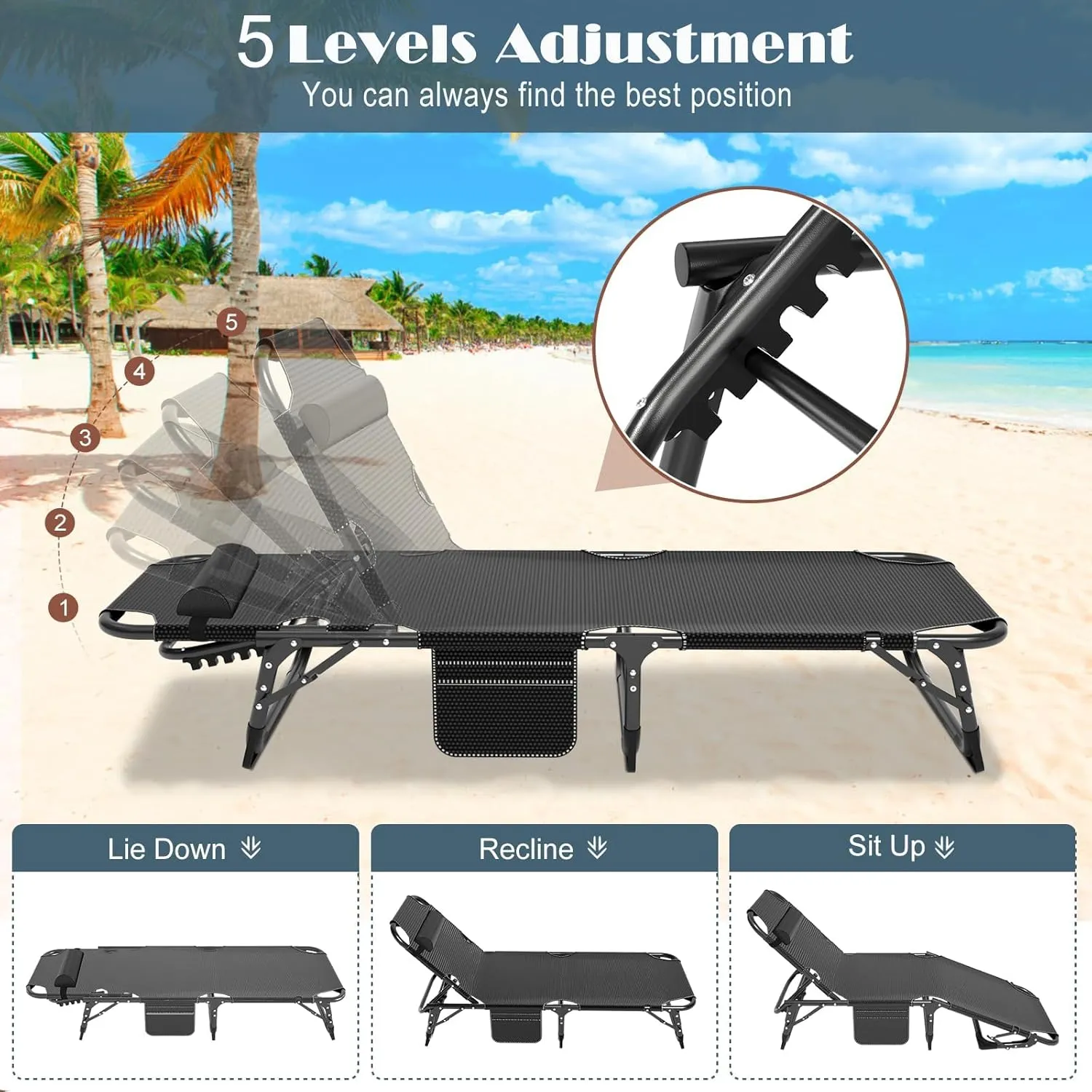 Folding Outdoor Chaise Lounge Chair, 5-Position Reclining Patio Chairs for Sun Tanning, Portable Sleeping Camping Cot for Adult, Sleeping Chair Perfect for Pool Beach Patio Lawn Sunbathing