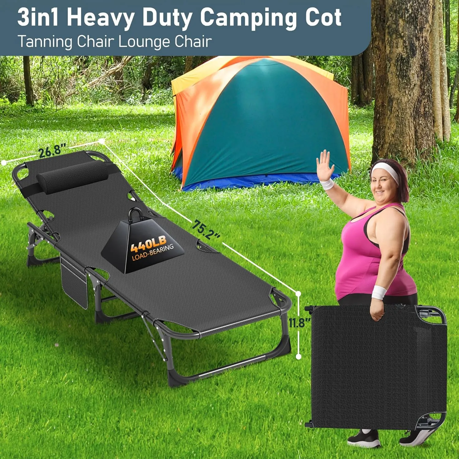 Folding Outdoor Chaise Lounge Chair, 5-Position Reclining Patio Chairs for Sun Tanning, Portable Sleeping Camping Cot for Adult, Sleeping Chair Perfect for Pool Beach Patio Lawn Sunbathing