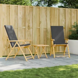 Folding Patio Reclining Chairs 2 pcs with Cushions Bamboo Outdoor Furniture Lounge Chair Adjustable Backrest Foldable Reclining Chairs for Patio, Lawn, Beach and Dining