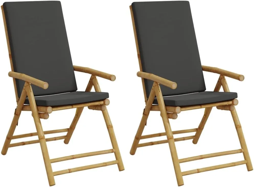 Folding Patio Reclining Chairs 2 pcs with Cushions Bamboo Outdoor Furniture Lounge Chair Adjustable Backrest Foldable Reclining Chairs for Patio, Lawn, Beach and Dining