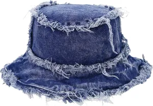 Frayed Bucket Hat Unisex Trendy Washed Denim Bucket Cap Distressed Jean Fisherman Cap Travel Floppy Boonie Sun Hats