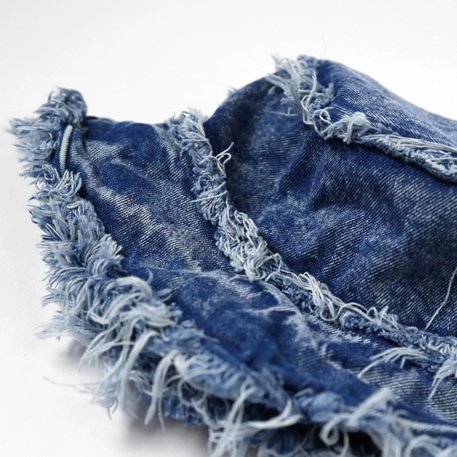 Frayed Bucket Hat Unisex Trendy Washed Denim Bucket Cap Distressed Jean Fisherman Cap Travel Floppy Boonie Sun Hats