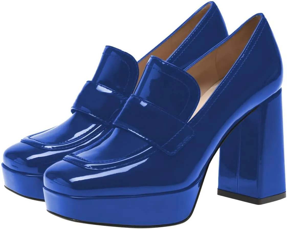 FSJ Women Chic Square Toe Glossy Platform Pumps Chunky High Heel Slip On Party Prom Dress Ladies Casual Loafer Shoes Size 4-15 US