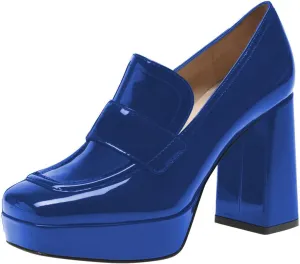 FSJ Women Chic Square Toe Glossy Platform Pumps Chunky High Heel Slip On Party Prom Dress Ladies Casual Loafer Shoes Size 4-15 US