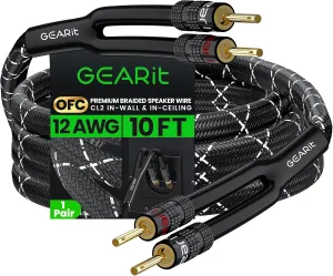 GearIT 12AWG Speaker Cable Wire with Gold-Plated Banana Tip Plugs (10 Feet) in-Wall CL2 Rated, Heavy Duty Braided, 99.9% Oxygen-Free Copper (OFC) - Black, 10ft