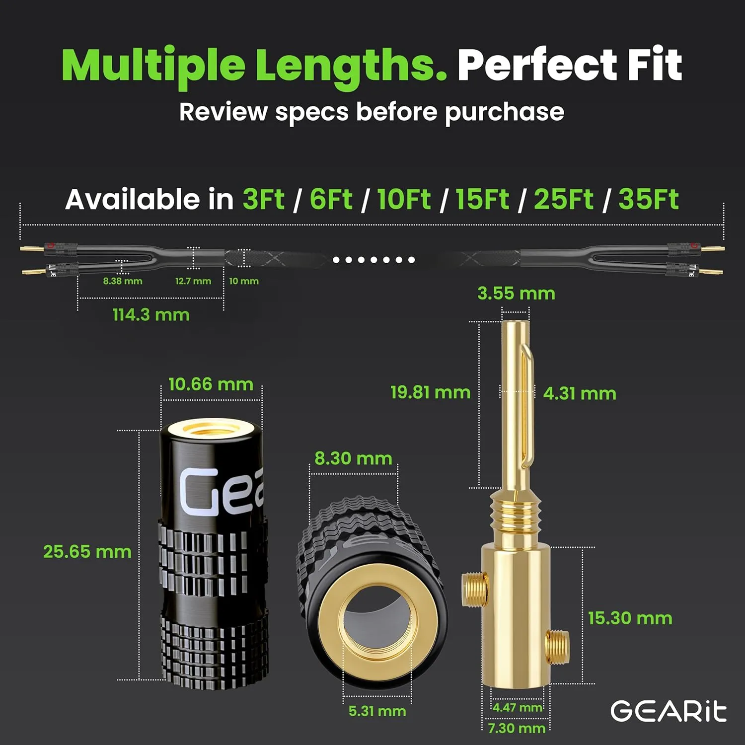 GearIT 12AWG Speaker Cable Wire with Gold-Plated Banana Tip Plugs (10 Feet) in-Wall CL2 Rated, Heavy Duty Braided, 99.9% Oxygen-Free Copper (OFC) - Black, 10ft