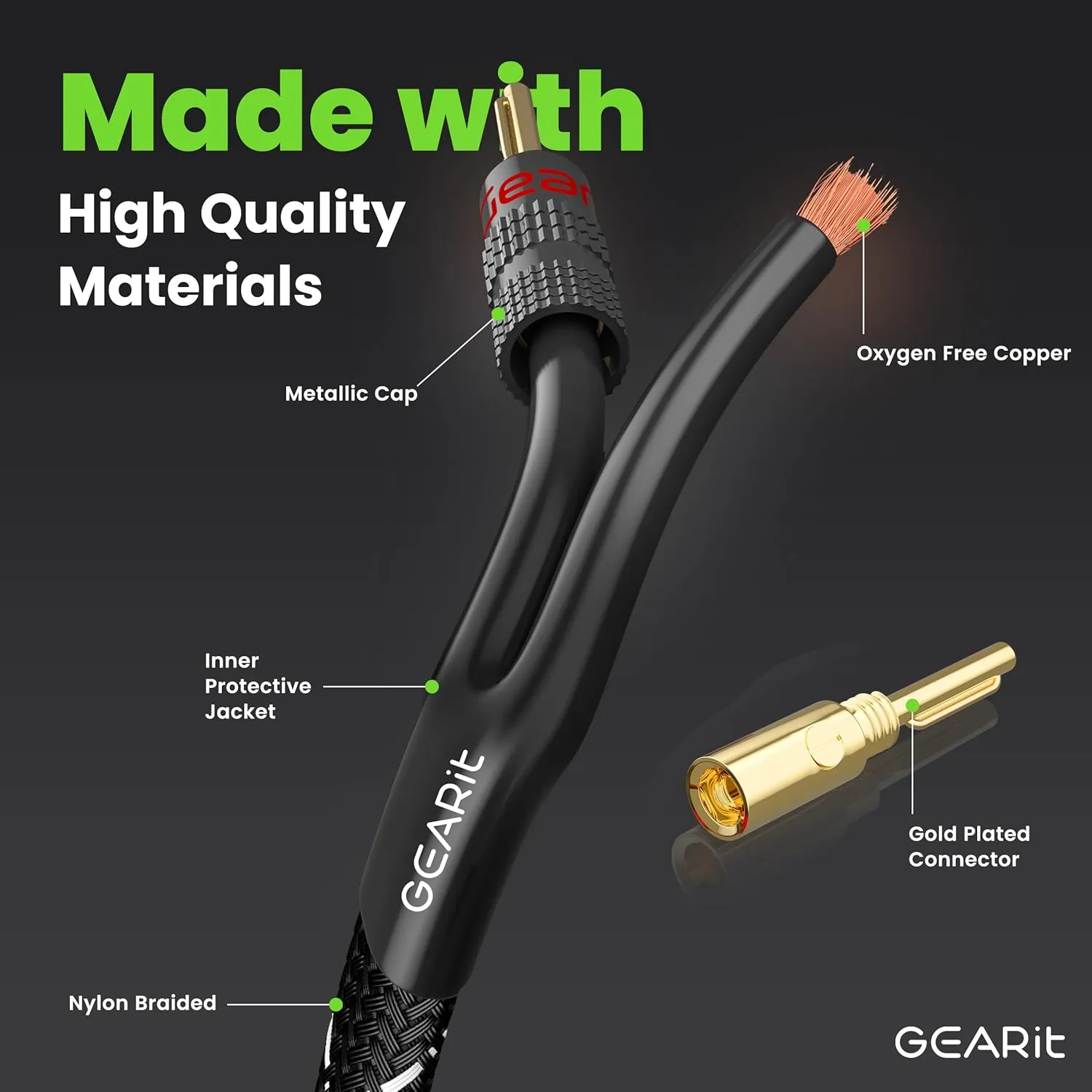 GearIT 12AWG Speaker Cable Wire with Gold-Plated Banana Tip Plugs (10 Feet) in-Wall CL2 Rated, Heavy Duty Braided, 99.9% Oxygen-Free Copper (OFC) - Black, 10ft