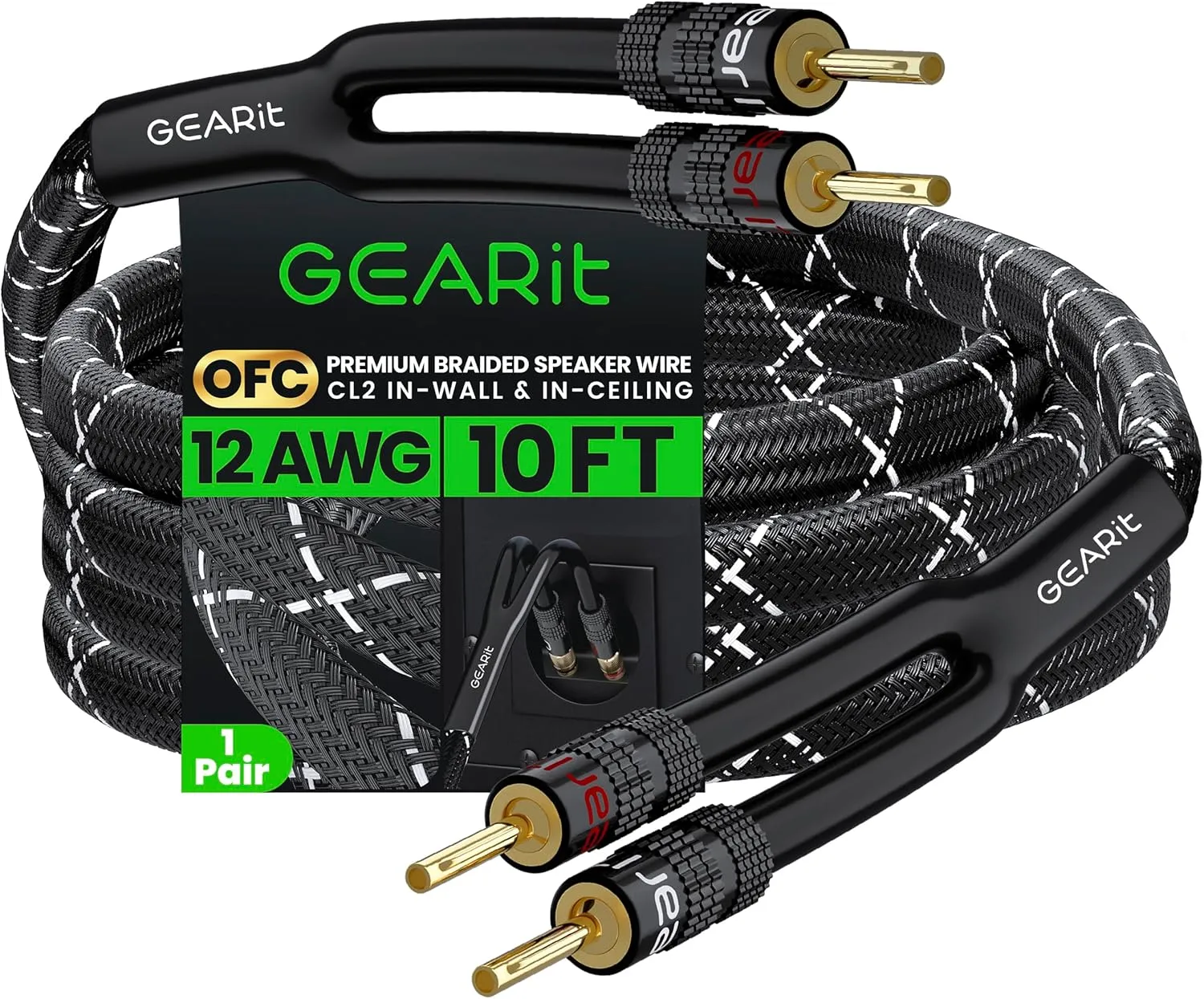 GearIT 12AWG Speaker Cable Wire with Gold-Plated Banana Tip Plugs (10 Feet) in-Wall CL2 Rated, Heavy Duty Braided, 99.9% Oxygen-Free Copper (OFC) - Black, 10ft