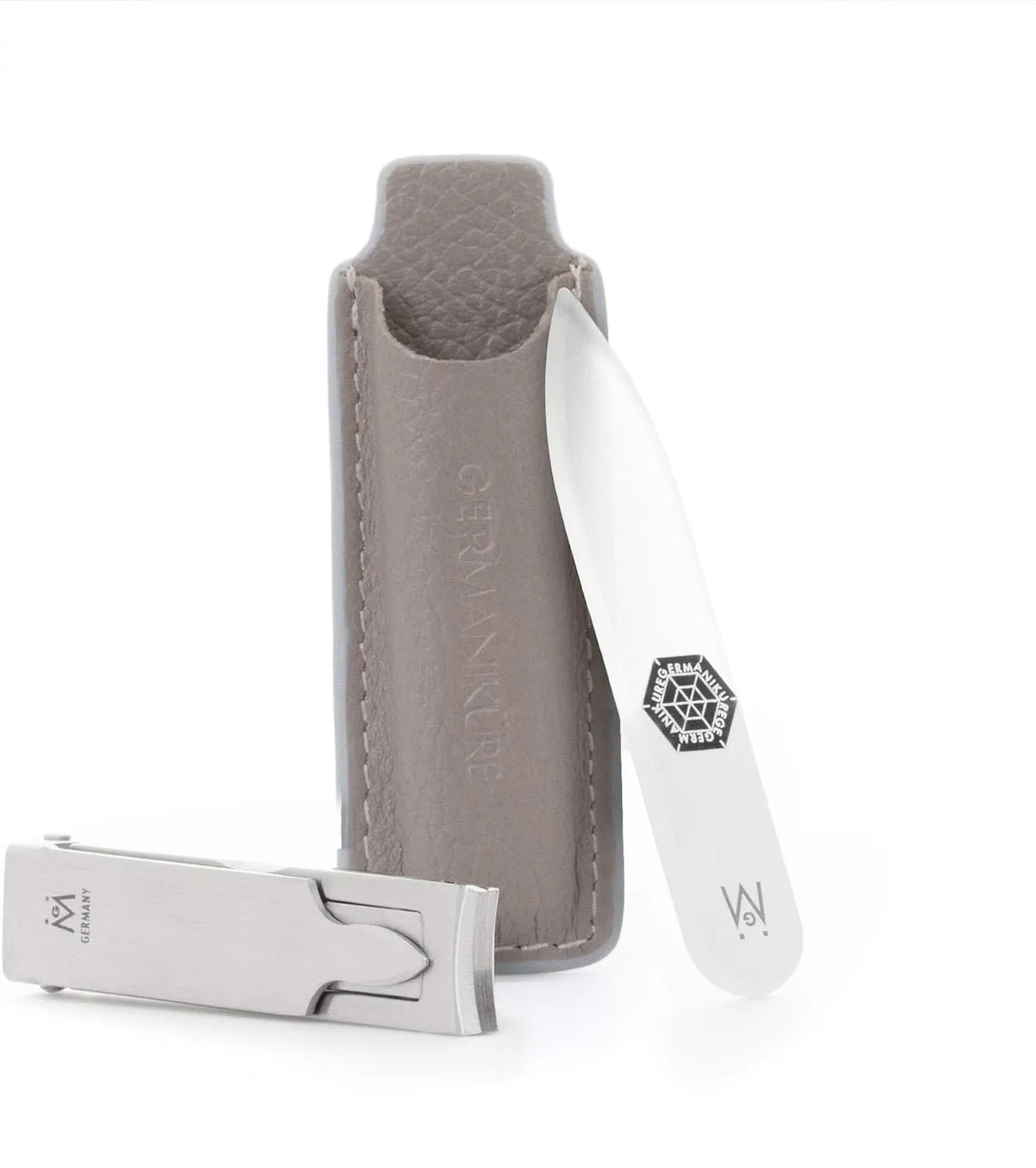 GERMANIKURE Pocket Nail Clipper and Glass Nail File Set in Leather Case - Made in Germany of FINOX Stainless Steel, Glass Made in Czech Republic, Travel Nail Care Supplies