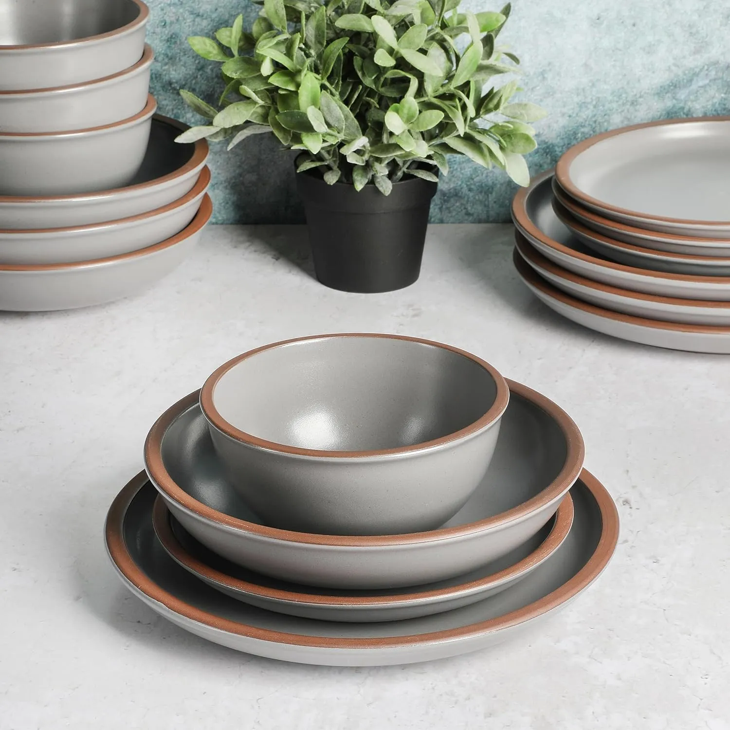 Gibson Elite Lagos Coupe Dinnerware Set, Service for 4 (16pcs), Light Grey