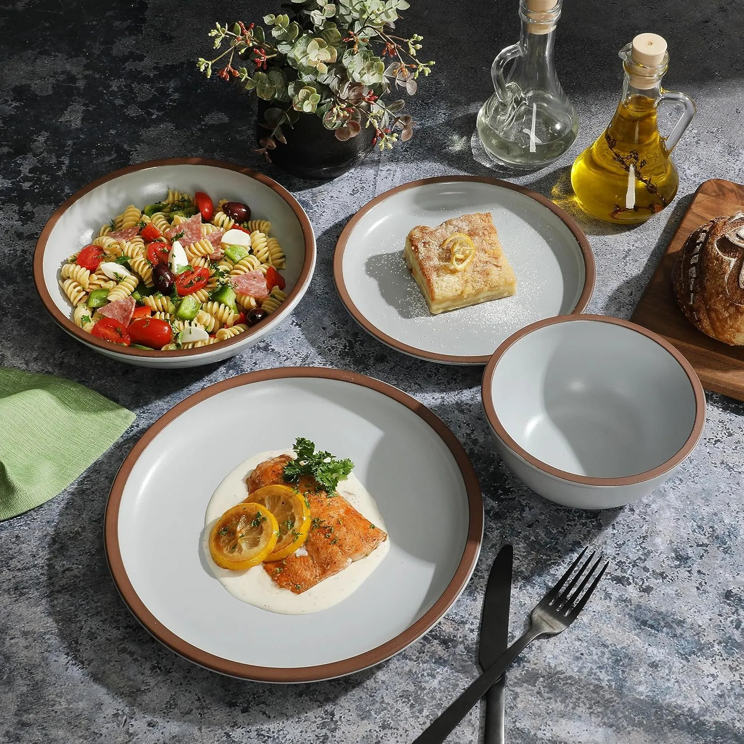 Gibson Elite Lagos Coupe Dinnerware Set, Service for 4 (16pcs), Light Grey
