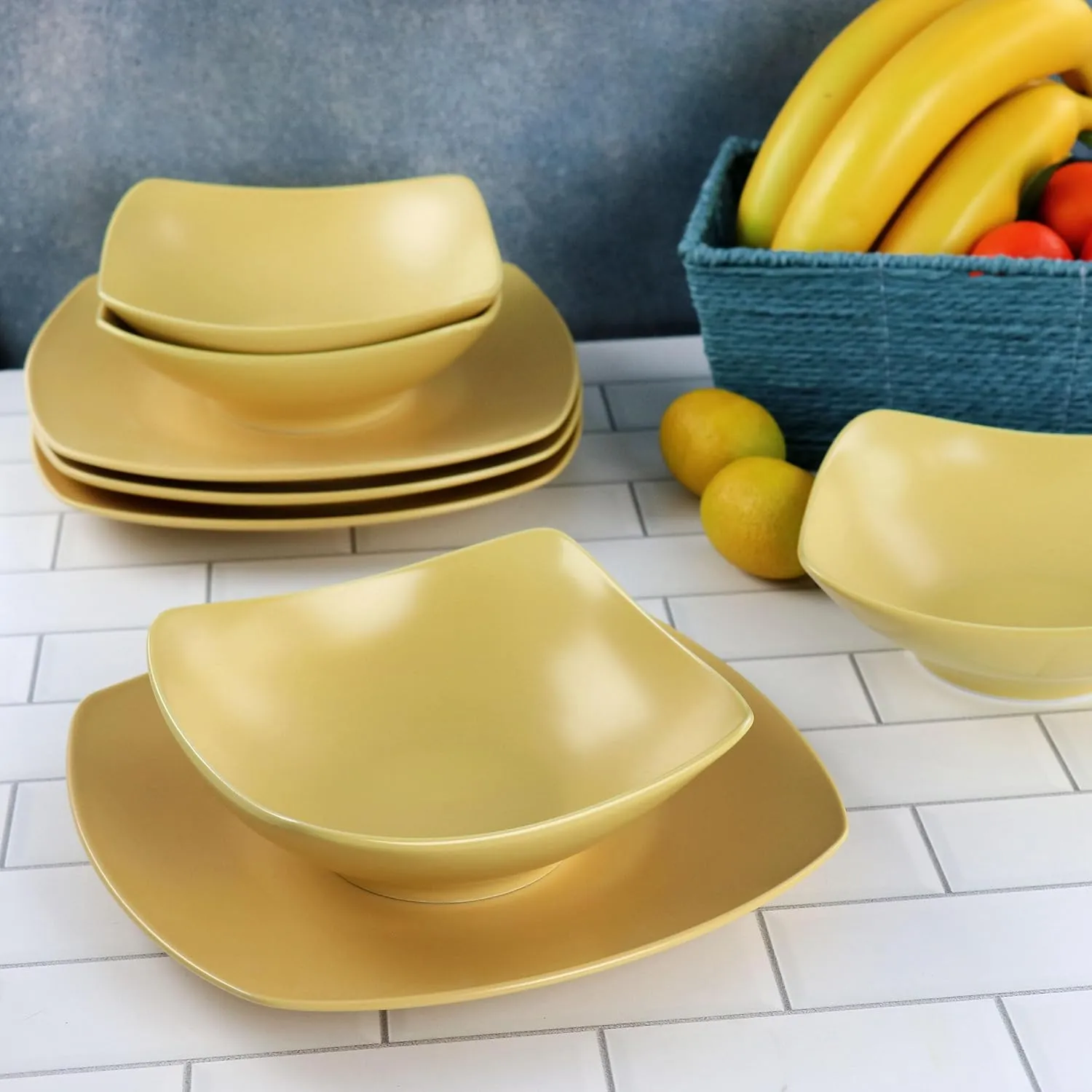 Gibson Home Zen Buffet Matte Porcelain Plates and Bowls Dinnerware Set - Yellow, Service for 4 (8pcs)