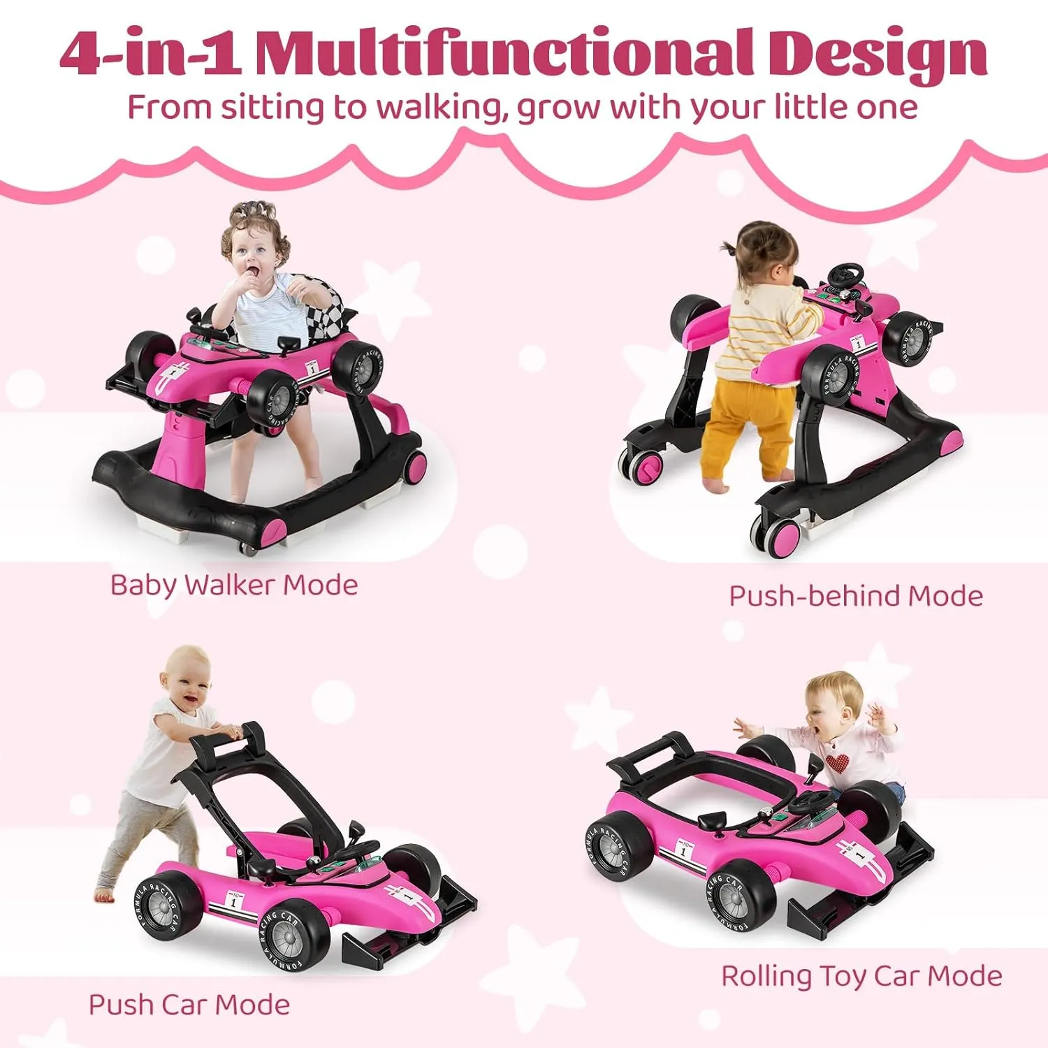 GLACER Foldable Baby Walker, 4-in-1 Infant Walker with Adjustable Height & Speed, Music, Light, Steering Wheel & Washable Cushion, Baby Walker Activity Center for Boys Girls 6 –18 Months (Pink)