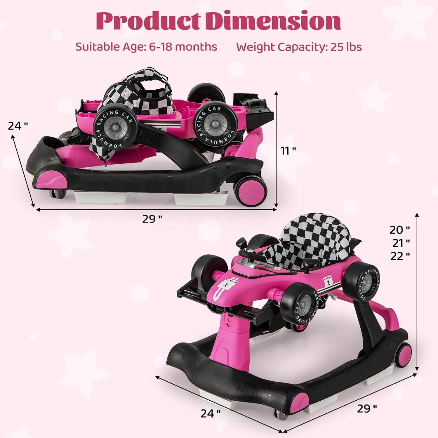 GLACER Foldable Baby Walker, 4-in-1 Infant Walker with Adjustable Height & Speed, Music, Light, Steering Wheel & Washable Cushion, Baby Walker Activity Center for Boys Girls 6 –18 Months (Pink)