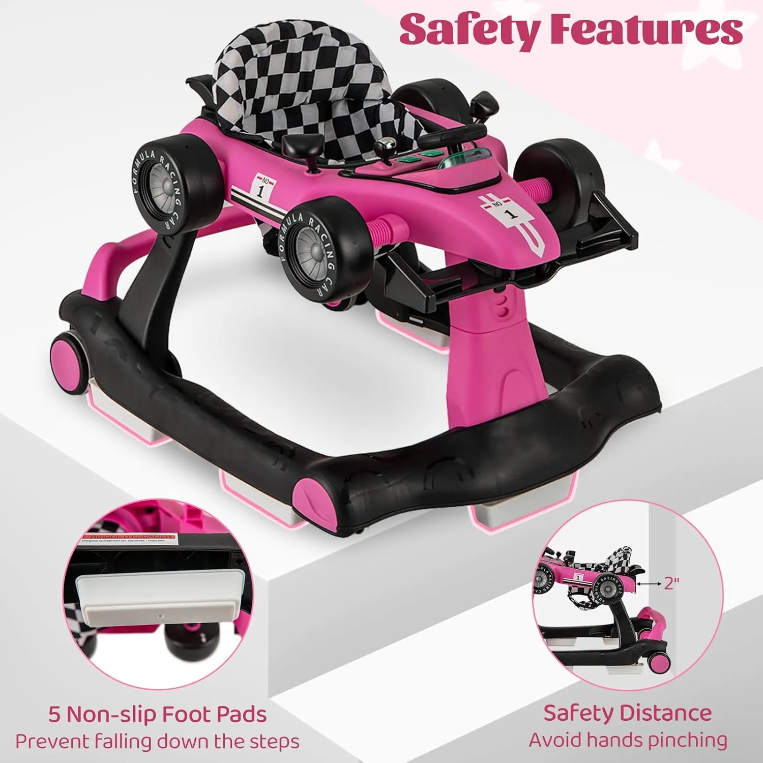 GLACER Foldable Baby Walker, 4-in-1 Infant Walker with Adjustable Height & Speed, Music, Light, Steering Wheel & Washable Cushion, Baby Walker Activity Center for Boys Girls 6 –18 Months (Pink)