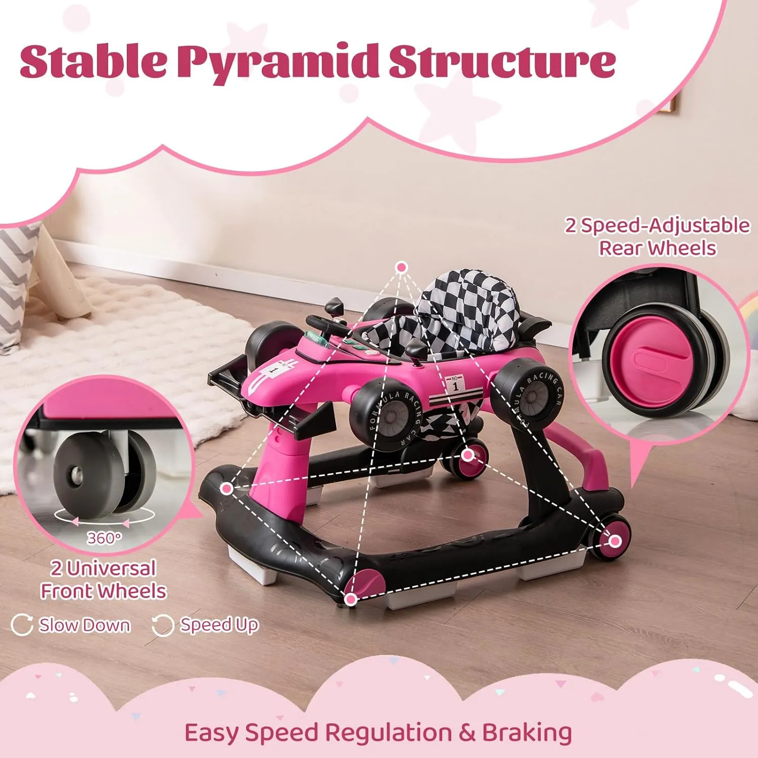 GLACER Foldable Baby Walker, 4-in-1 Infant Walker with Adjustable Height & Speed, Music, Light, Steering Wheel & Washable Cushion, Baby Walker Activity Center for Boys Girls 6 –18 Months (Pink)