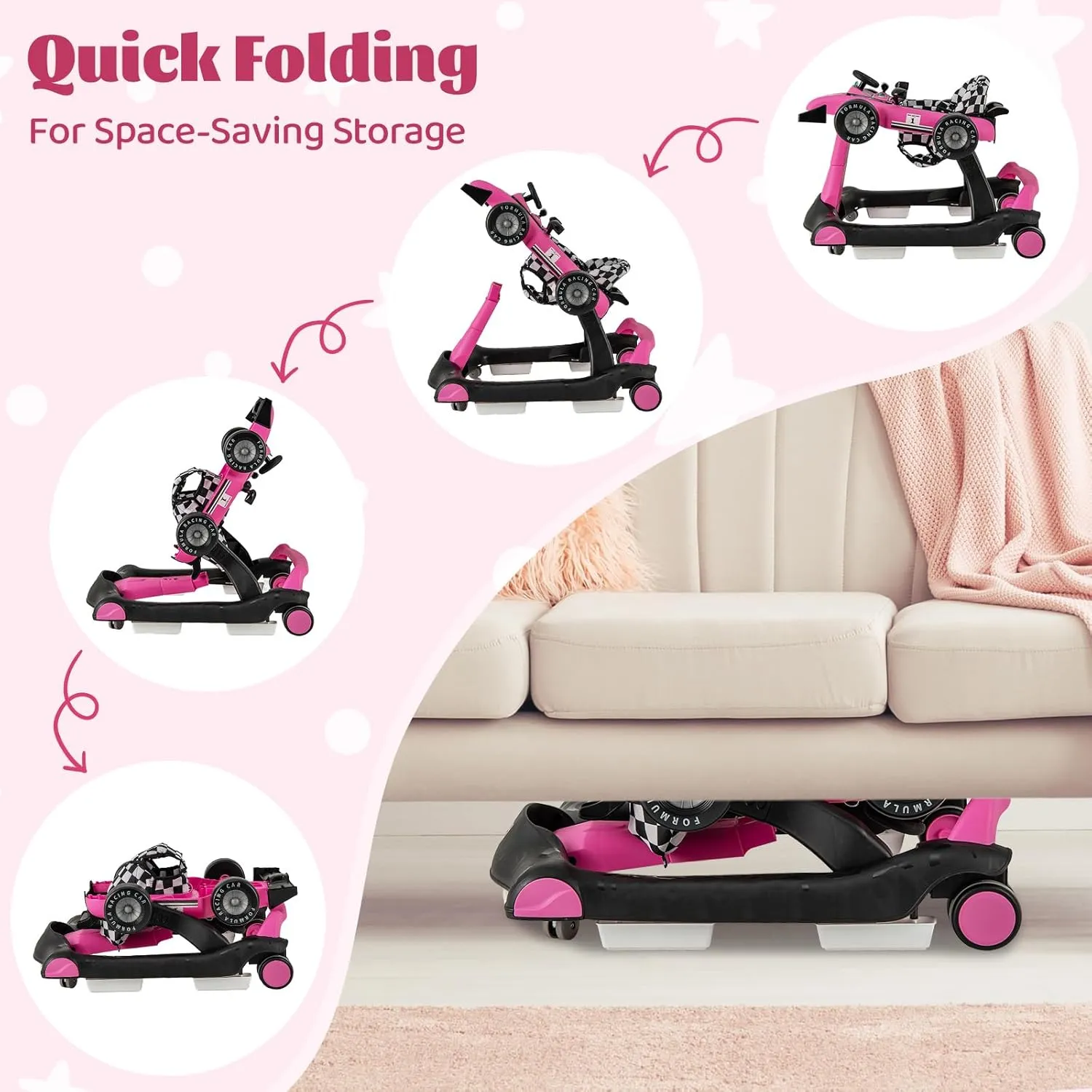 GLACER Foldable Baby Walker, 4-in-1 Infant Walker with Adjustable Height & Speed, Music, Light, Steering Wheel & Washable Cushion, Baby Walker Activity Center for Boys Girls 6 –18 Months (Pink)