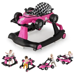 GLACER Foldable Baby Walker, 4-in-1 Infant Walker with Adjustable Height & Speed, Music, Light, Steering Wheel & Washable Cushion, Baby Walker Activity Center for Boys Girls 6 –18 Months (Pink)