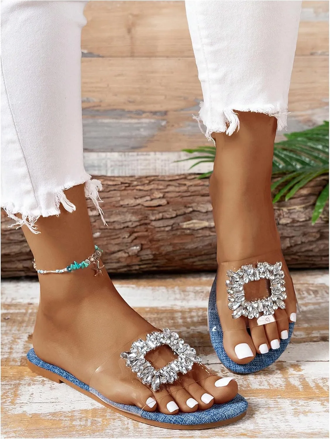 GORGLITTER Women's Rhinestone Clear Flat Sandals Dressy Cute Sparkly Summer Vacation Slide Shoes