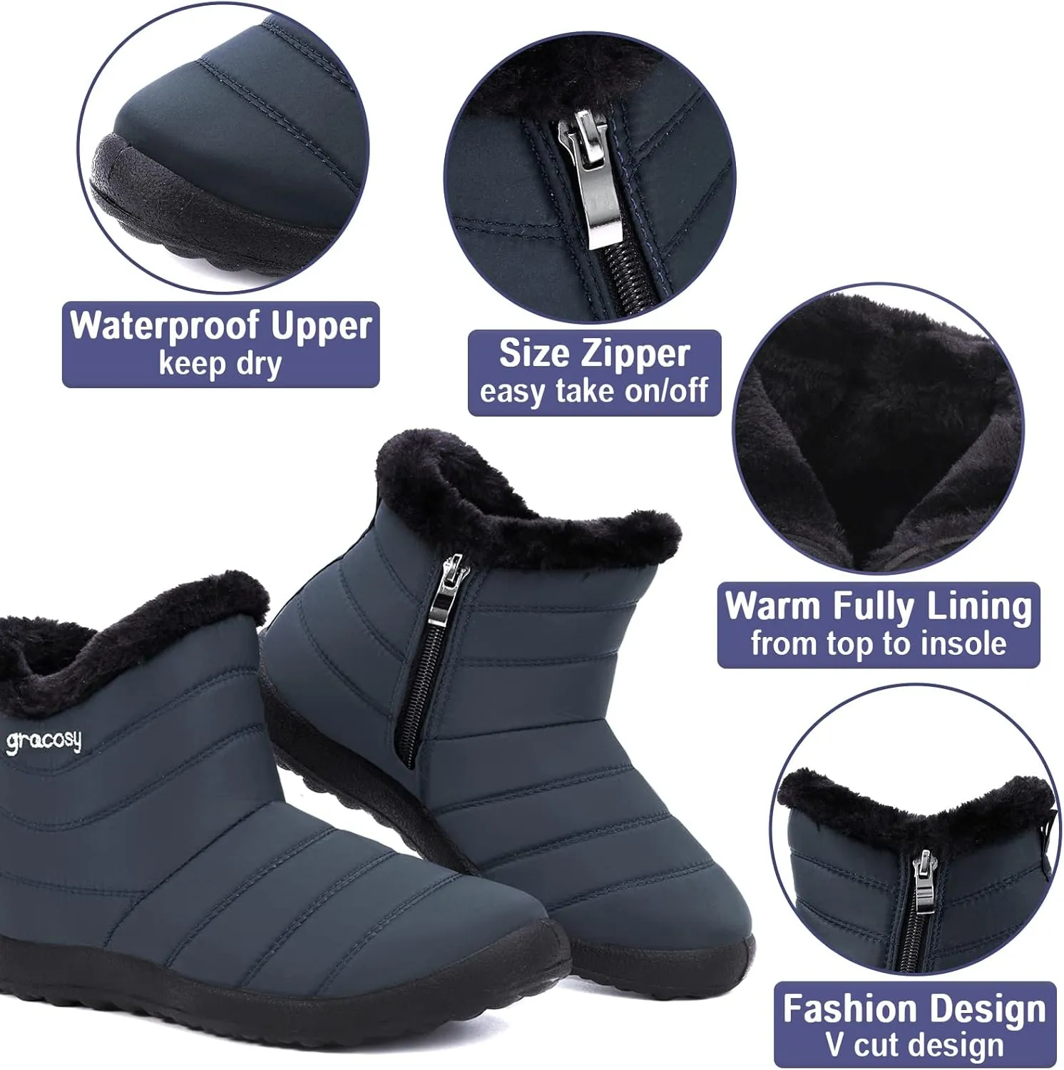 gracosy Snow Boots for Women, Warm Ankle Bootie Waterproof Outdoor Snow Anit-Slip Boots Slip On Lined Winter Shoes for Ladies