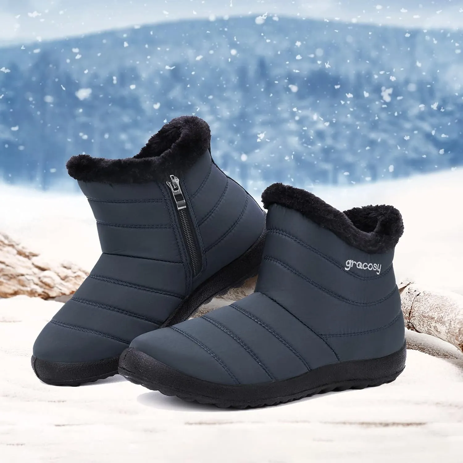 gracosy Snow Boots for Women, Warm Ankle Bootie Waterproof Outdoor Snow Anit-Slip Boots Slip On Lined Winter Shoes for Ladies