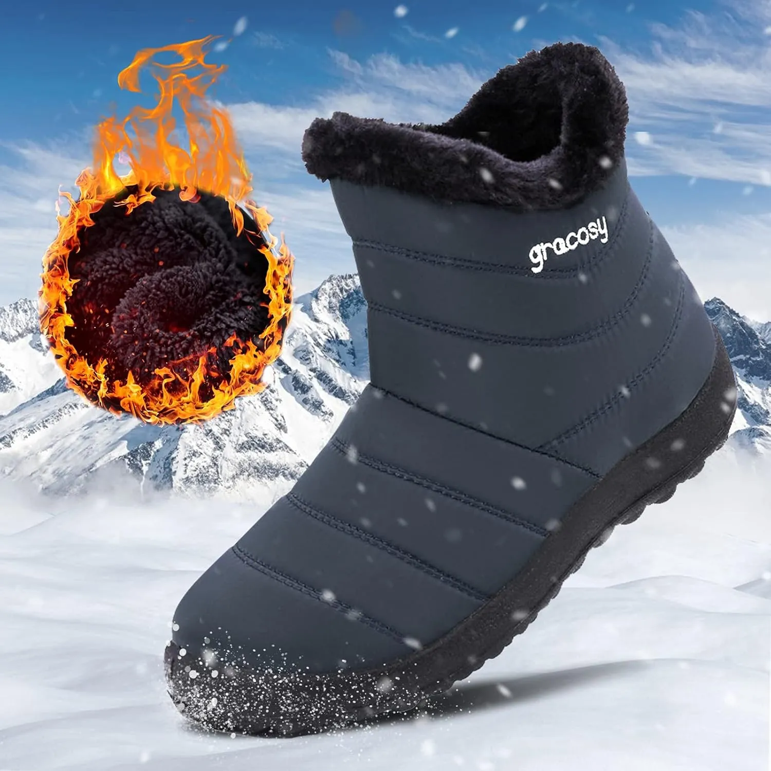 gracosy Snow Boots for Women, Warm Ankle Bootie Waterproof Outdoor Snow Anit-Slip Boots Slip On Lined Winter Shoes for Ladies