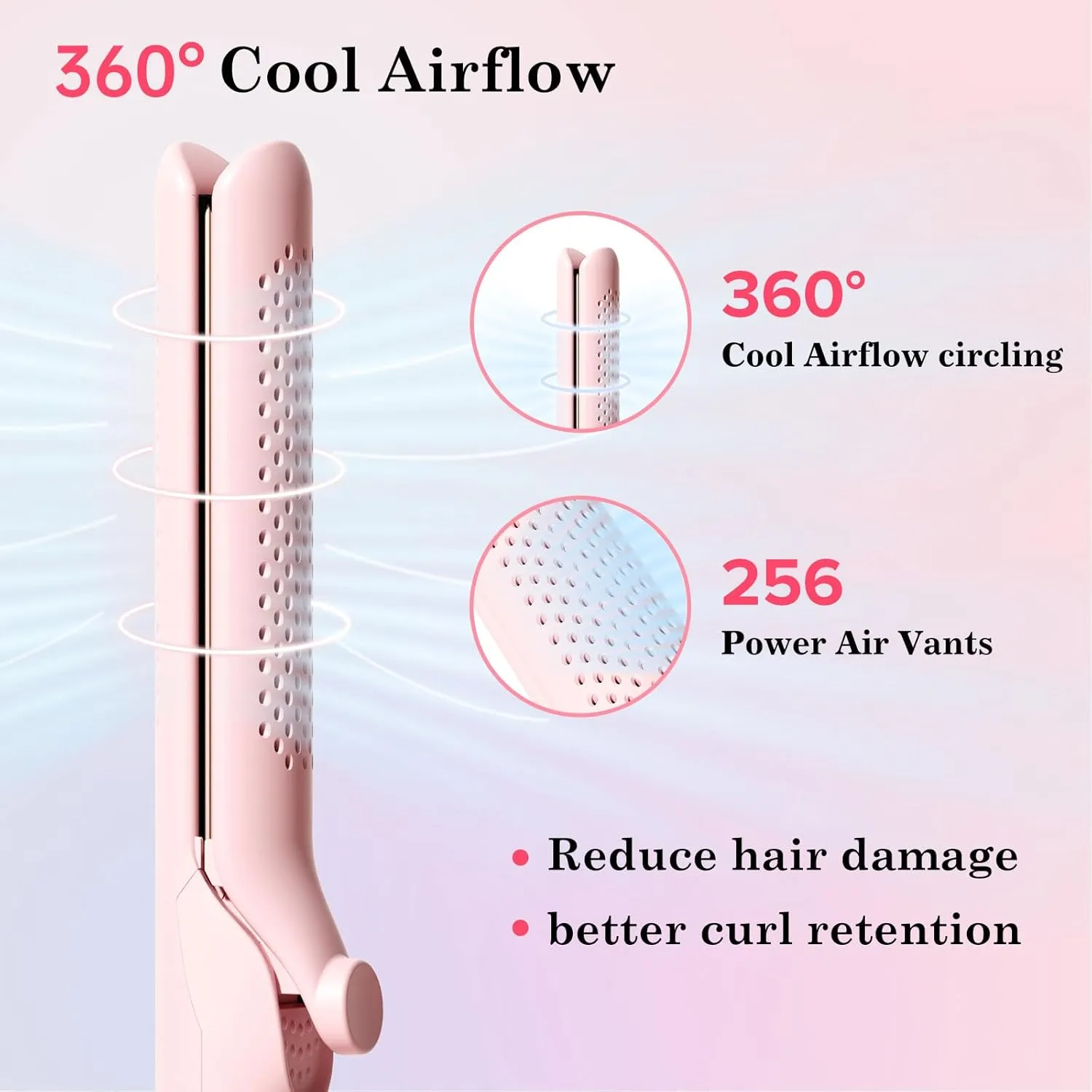 Hair Straightener and Curler 2-in-1, 360° Airflow Styler Curling Iron, 1.25 Inch Curling Wand, 20 Million Negative Ion Hair Care, 5 Temps & Auto Off, Dual Voltage (Pink)