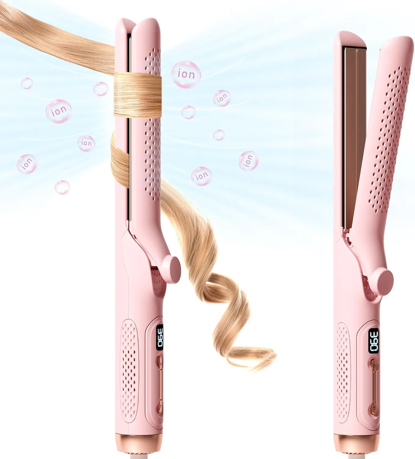 Hair Straightener and Curler 2-in-1, 360° Airflow Styler Curling Iron, 1.25 Inch Curling Wand, 20 Million Negative Ion Hair Care, 5 Temps & Auto Off, Dual Voltage (Pink)