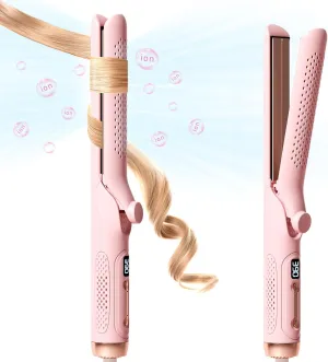 Hair Straightener and Curler 2-in-1, 360° Airflow Styler Curling Iron, 1.25 Inch Curling Wand, 20 Million Negative Ion Hair Care, 5 Temps & Auto Off, Dual Voltage (Pink)