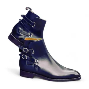 Handmade Men's Blue Leather Double Buckle Casual Fashion Boot