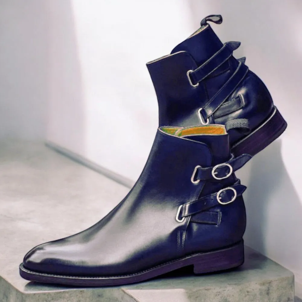 Handmade Men's Blue Leather Double Buckle Casual Fashion Boot
