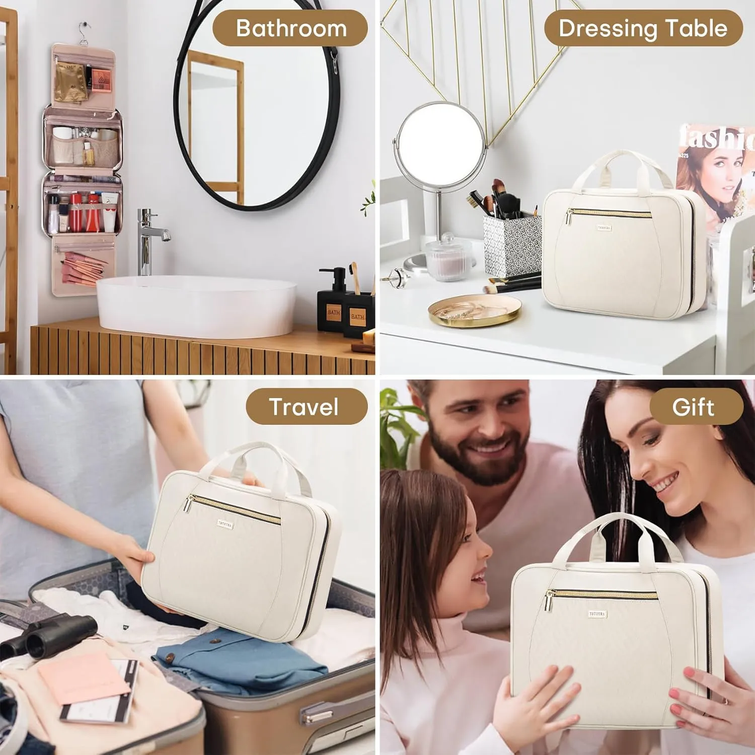 Hanging Toiletry Bag for Women Travel, 2 Sizes Large & Small Waterproof Cosmetic Organizer with 4 Compartments, Rotating Hook, Foldable Pink Travel Bag for Toiletries & Makeup - Medium Beige