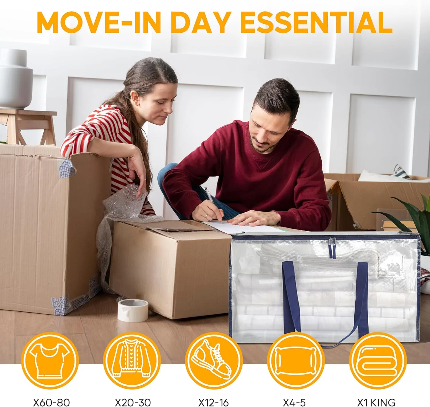 HealSmart 4 Pack Large Moving Bags with Zippers & Handles, Moving Supplies with lids, Heavy Duty Totes for Space Saving, Fold Flat, Moving and Storing, Clear