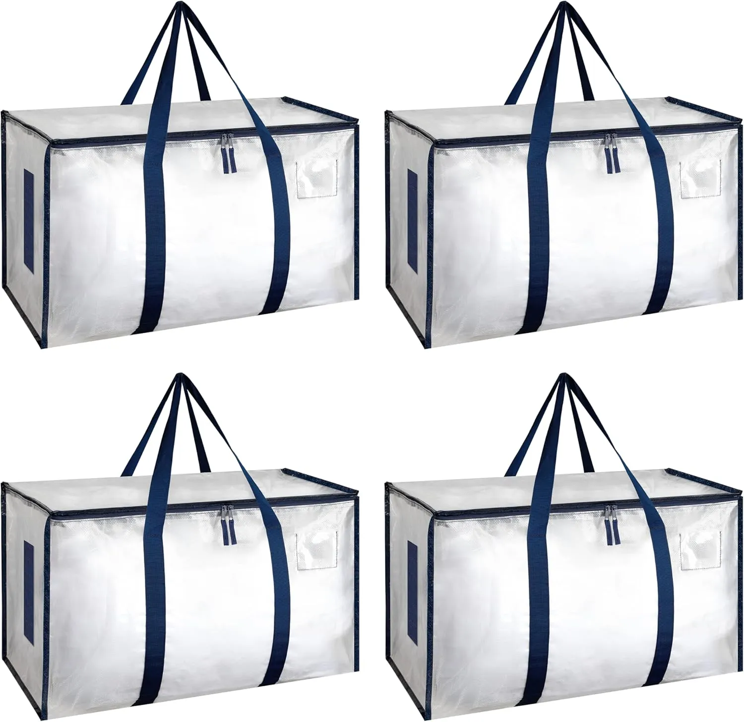 HealSmart 4 Pack Large Moving Bags with Zippers & Handles, Moving Supplies with lids, Heavy Duty Totes for Space Saving, Fold Flat, Moving and Storing, Clear