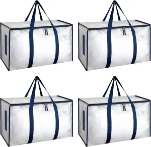 HealSmart 4 Pack Large Moving Bags with Zippers & Handles, Moving Supplies with lids, Heavy Duty Totes for Space Saving, Fold Flat, Moving and Storing, Clear