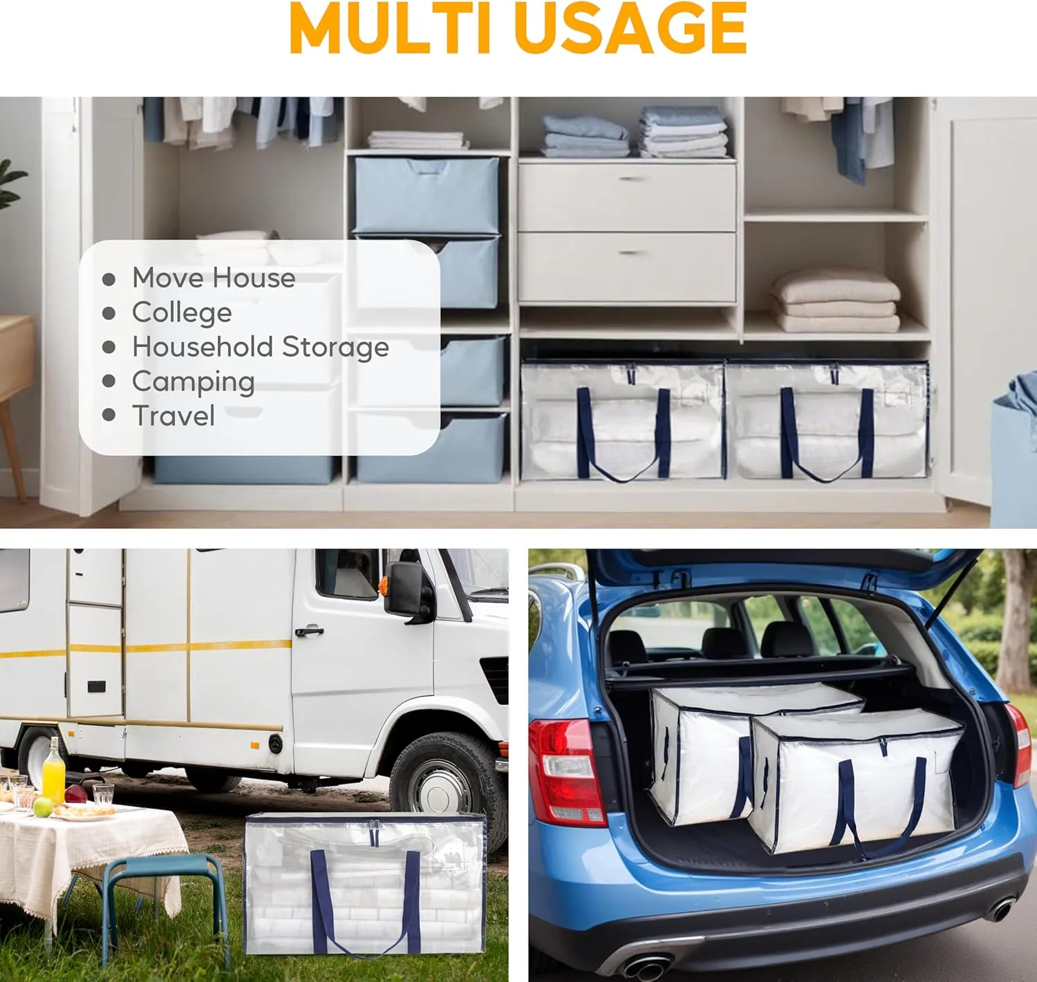 HealSmart 4 Pack Large Moving Bags with Zippers & Handles, Moving Supplies with lids, Heavy Duty Totes for Space Saving, Fold Flat, Moving and Storing, Clear