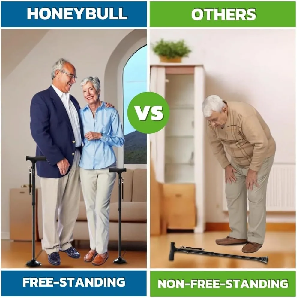 HONEYBULL Walking Cane for Men & Women - Foldable, Adjustable, Collapsible, Free Standing Cane, Pivot Tip, Heavy Duty | Walking Sticks, Folding Canes for Seniors & Adults (Black, Pivot Cane)