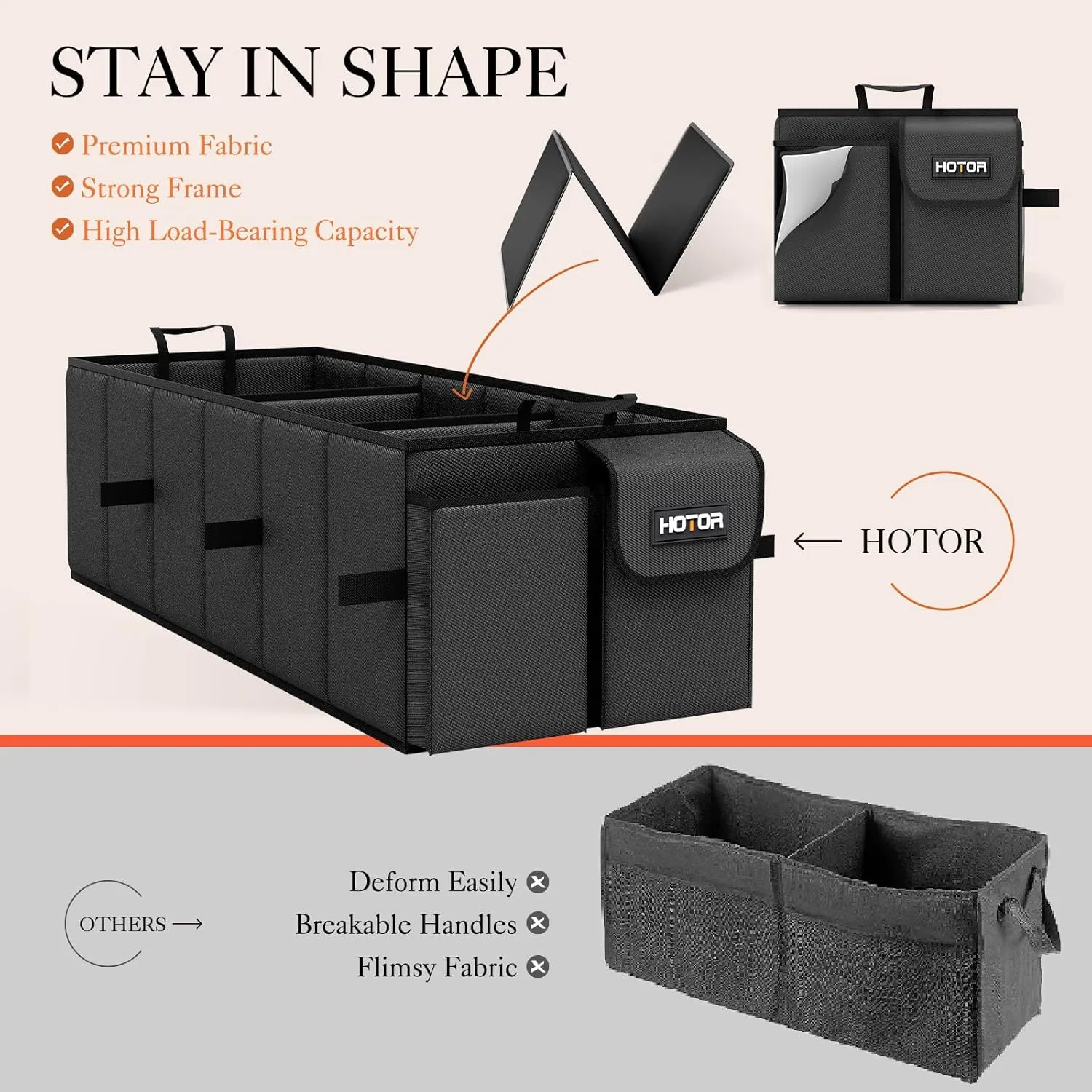 HOTOR Foldable Trunk Organizer - SUV & Sedan Compatible, 3 Compartment, Black, 31.9"×12.6"×10.6" Sturdy Car Organization for Accessories, Tools, Sundries